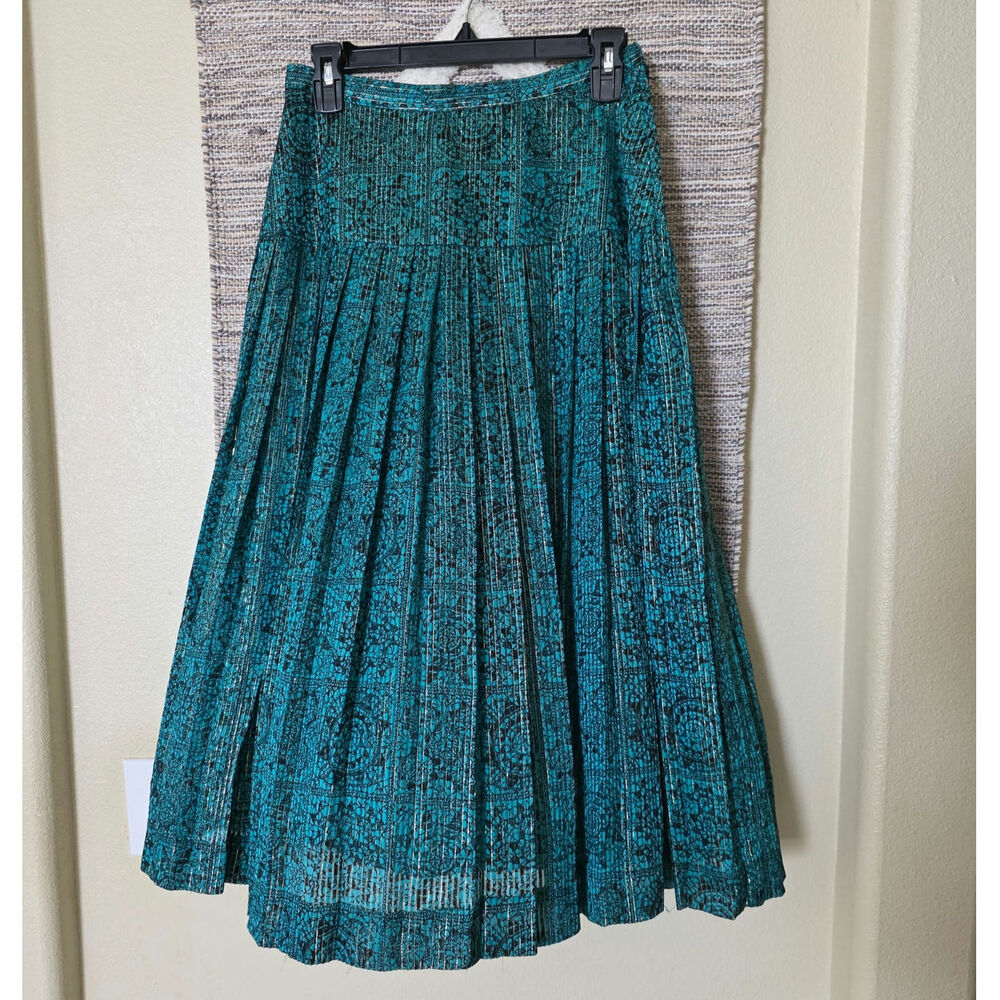 Silk Pleated Midi Skirt fits like Small Teal Black Print Lined Vintage